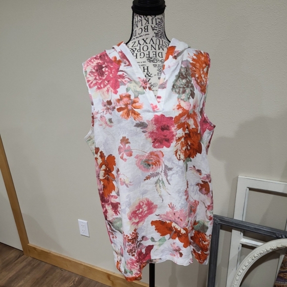 Soft Surroundings Women SZ PL Linen floral hooded sleeveless tunic cottage core - Picture 6 of 11